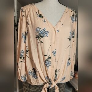 LOFT Long Sleeved Botanical Button Blouse Tie Front Shirt Top